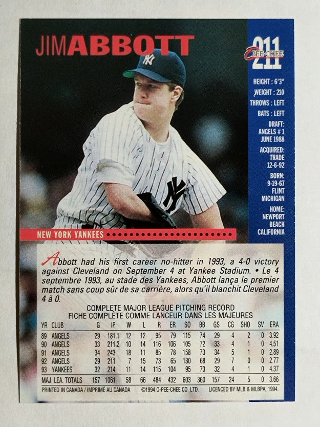 1994 O-Pee-Chee #211 Jim Abbott