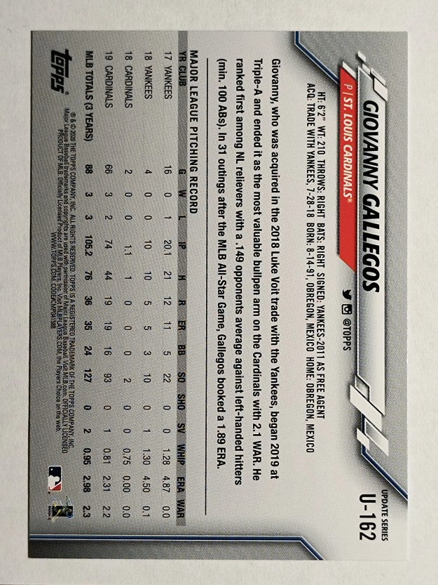 2020 Topps Update #U162 Giovanny Gallegos