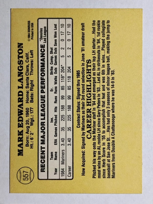 1985 Donruss #557 Mark Langston RC