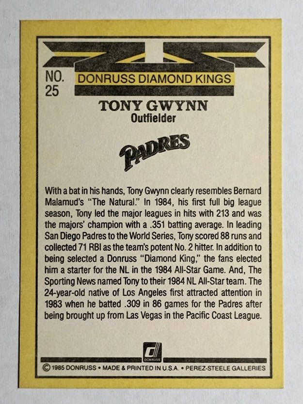 1985 Donruss #25 Tony Gwynn DK