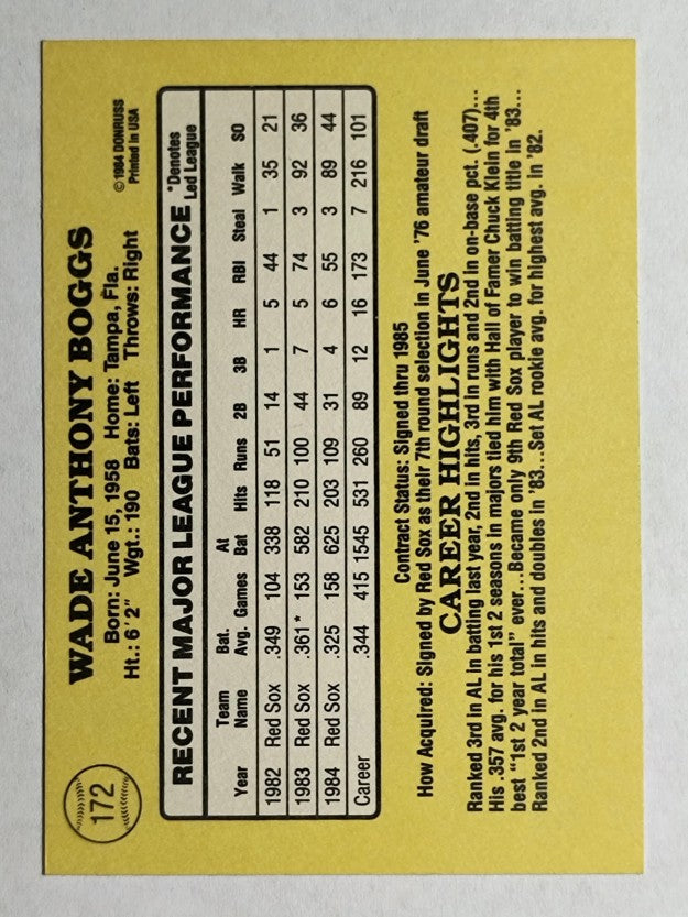 1985 Donruss #172 Wade Boggs