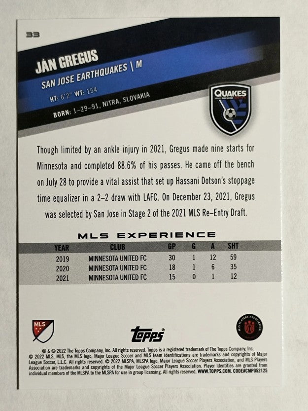 2022 Topps MLS #33 Jan Gregus