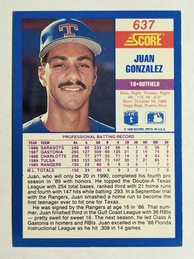 1990 Score #637 Juan Gonzalez RC