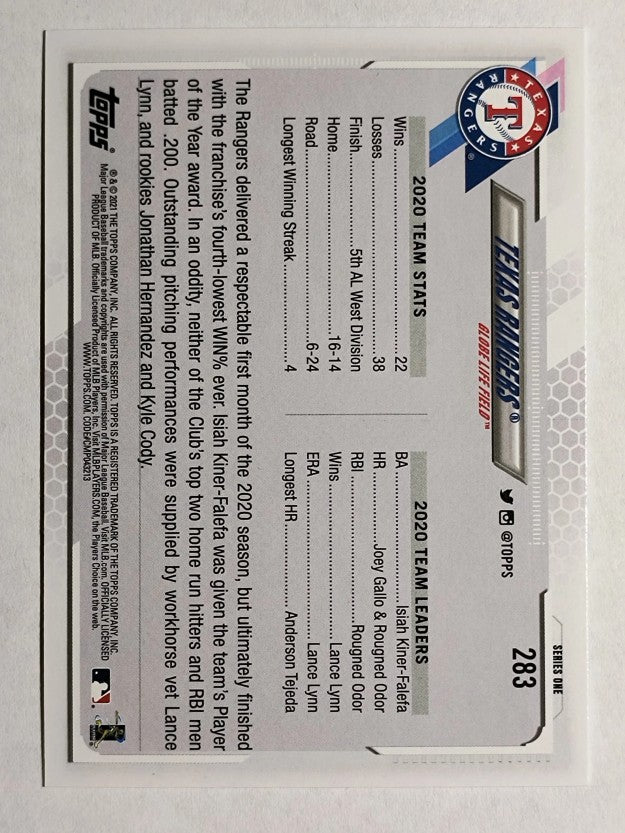 2021 Topps #283 Texas Rangers TC