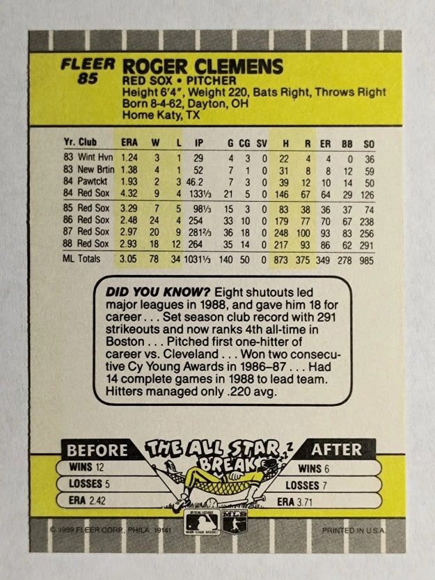 1989 Fleer #85 Roger Clemens