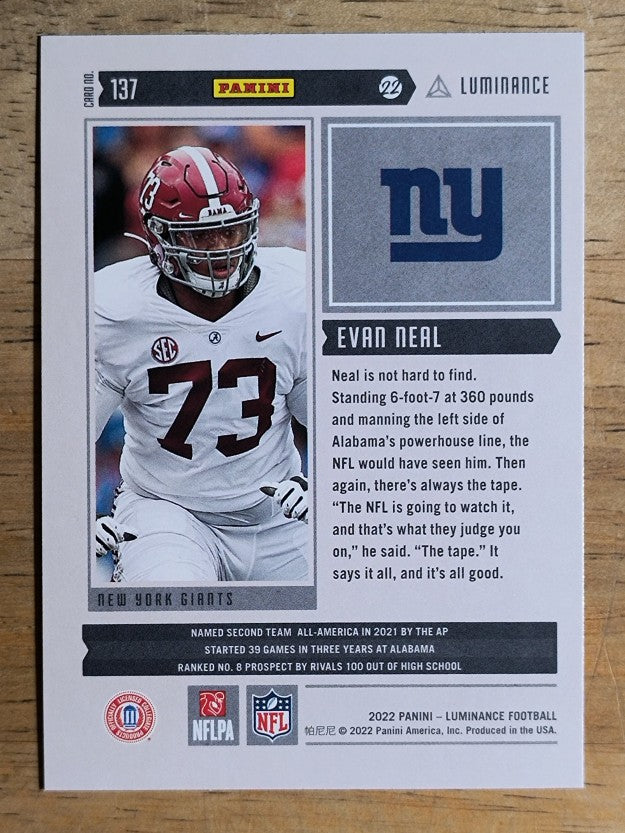 2022 Panini Luminance #137 Evan Neal RC