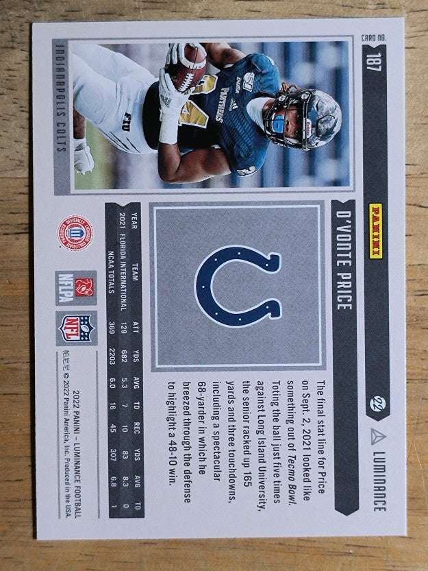 2022 Panini Luminance #187 D'Vonte Price RC