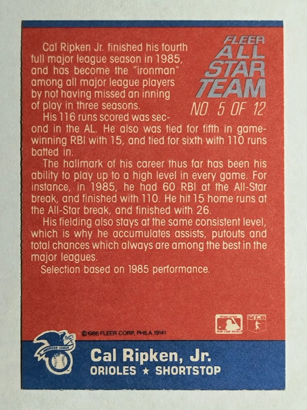 1986 Fleer All-Stars #5 Cal Ripken