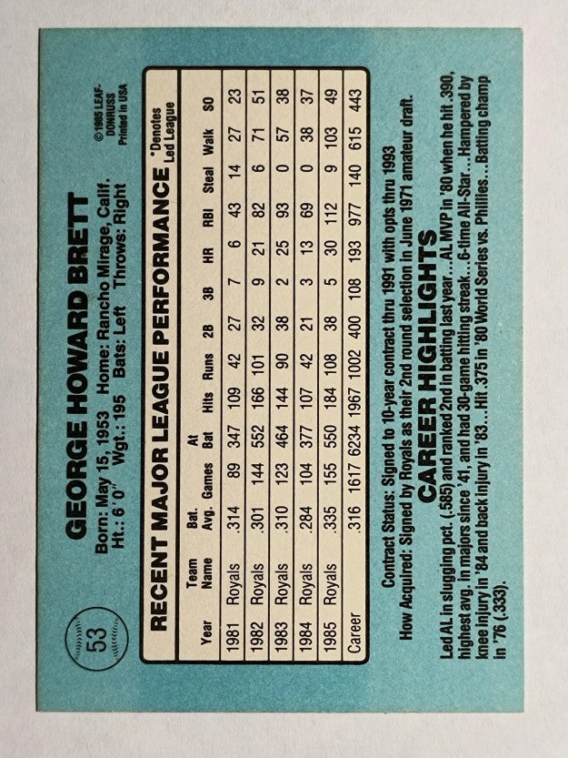 1986 Donruss #53 George Brett
