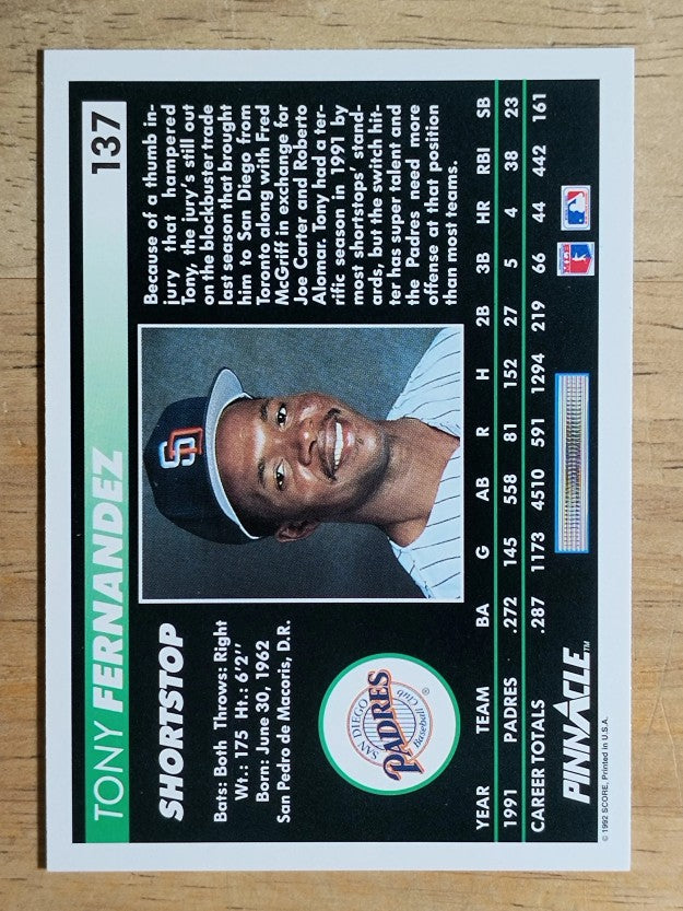 1992 Pinnacle #137 Tony Fernandez