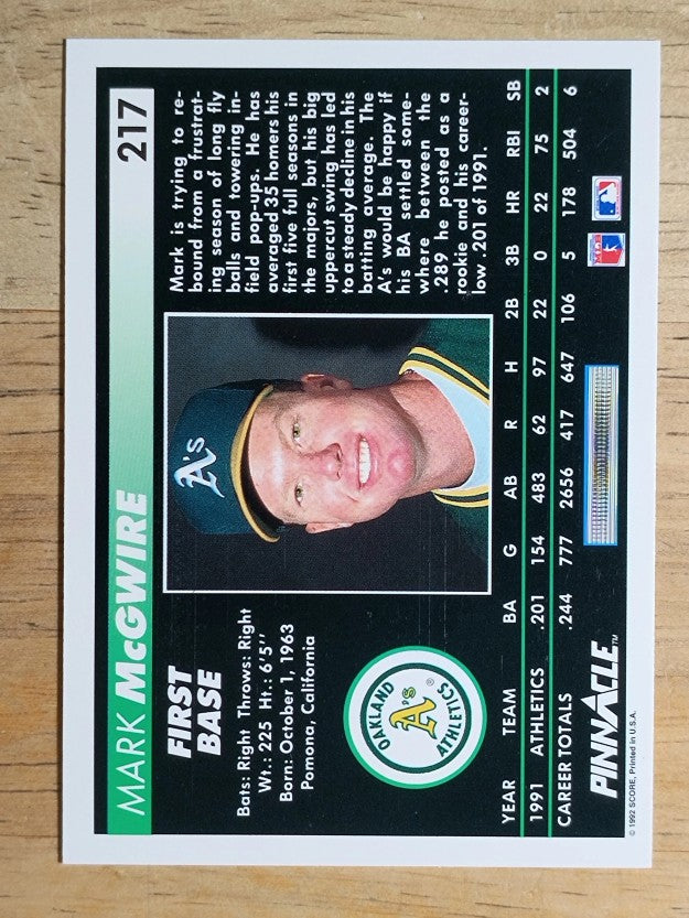 1992 Pinnacle #217 Mark McGwire