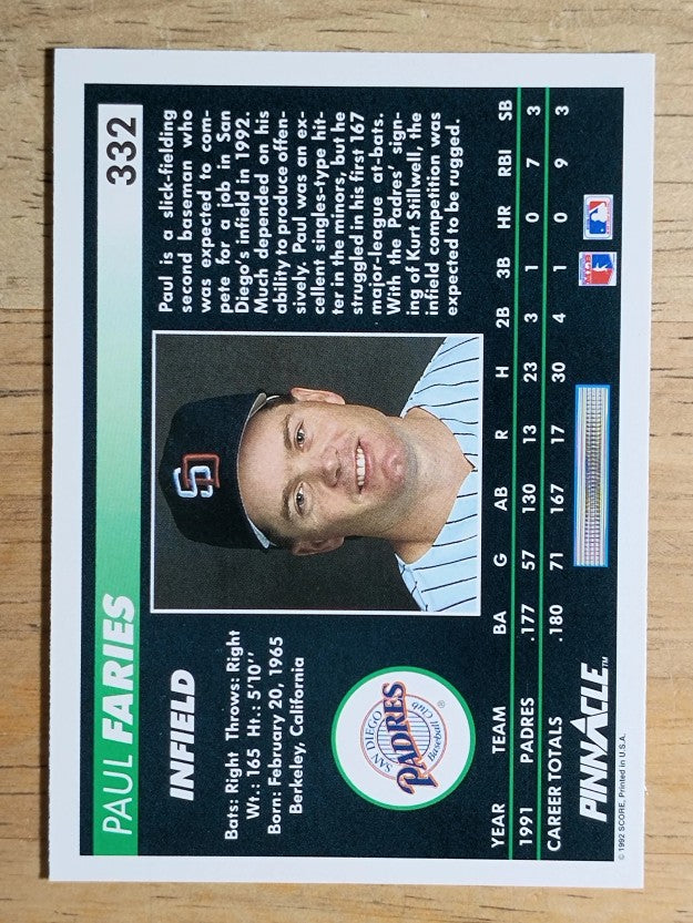 1992 Pinnacle #332 Paul Faries
