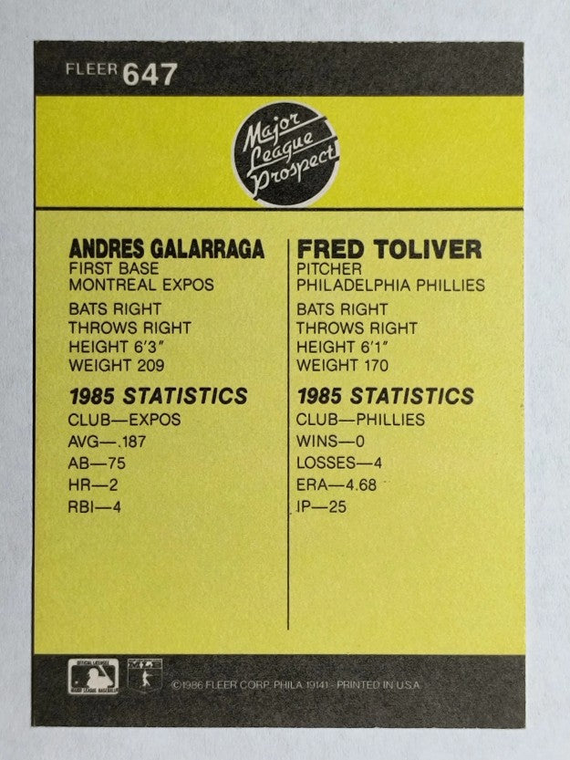 1986 Fleer #647 Andres Galarraga RC