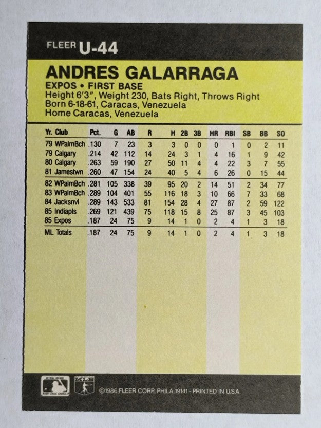 1986 Fleer Update #U44 Andres Galarraga