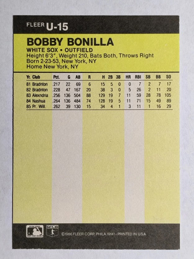 1986 Fleer Update #U15 Bobby Bonilla XRC