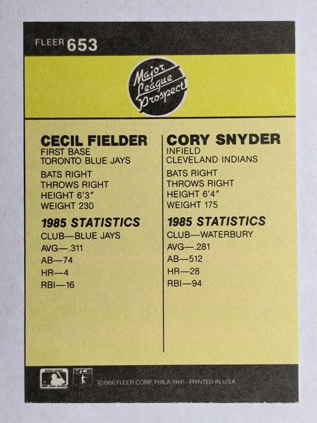 1986 Fleer #653 Cecil Fielder RC