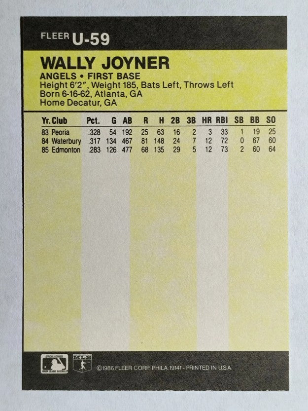 1986 Fleer Update #U59 Wally Joyner XRC