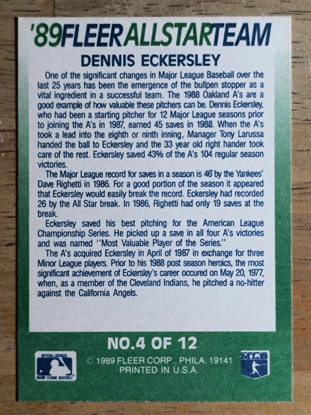 1989 Fleer All-Stars #4 Dennis Eckersley