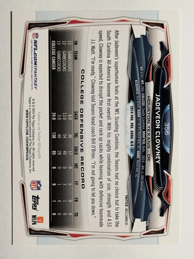 2014 Topps #356C Jadeveon Clowney FS/cutting pose/Retail factory set insert