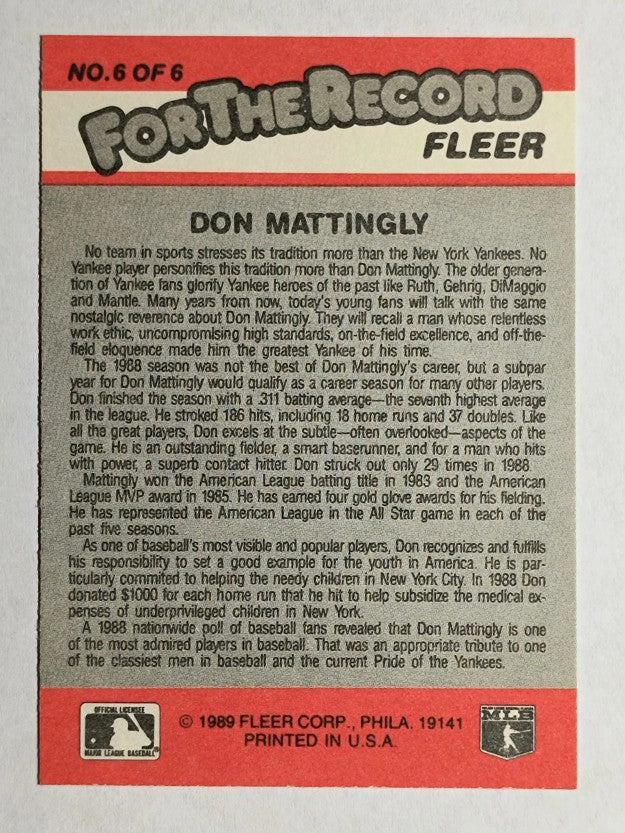 1989 Fleer For The Record #6 Don Mattingly