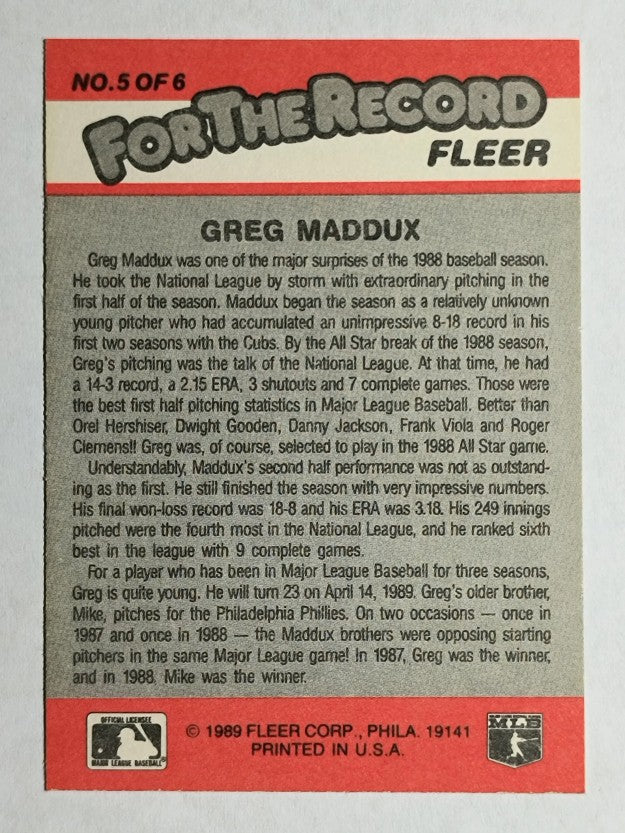 1989 Fleer For The Record #5 Greg Maddux