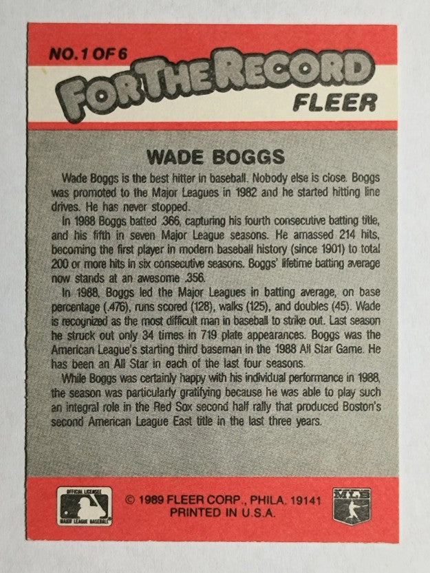 1989 Fleer For The Record #1 Wade Boggs
