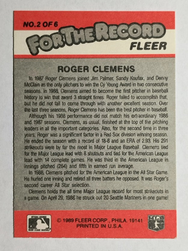 1989 Fleer For The Record #2 Roger Clemens