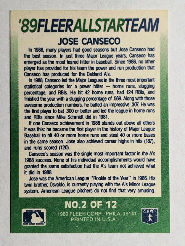 1989 Fleer All-Stars #2 Jose Canseco