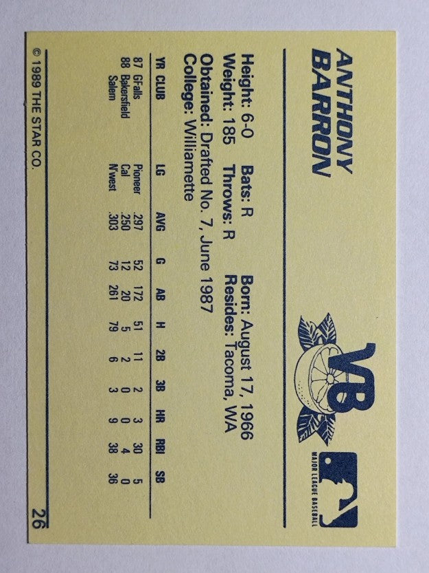 1989 Star #26 Anthony Barron