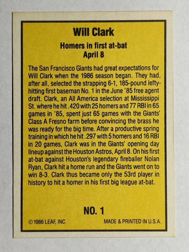 1986 Donruss Highlights #1 Will Clark