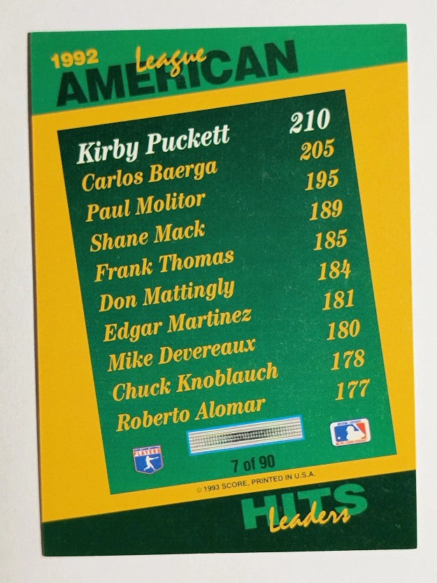 1993 Select Stat Leaders #7 Kirby Puckett