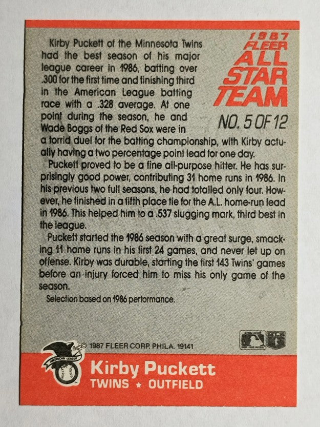 1987 Fleer All-Stars #5 Kirby Puckett