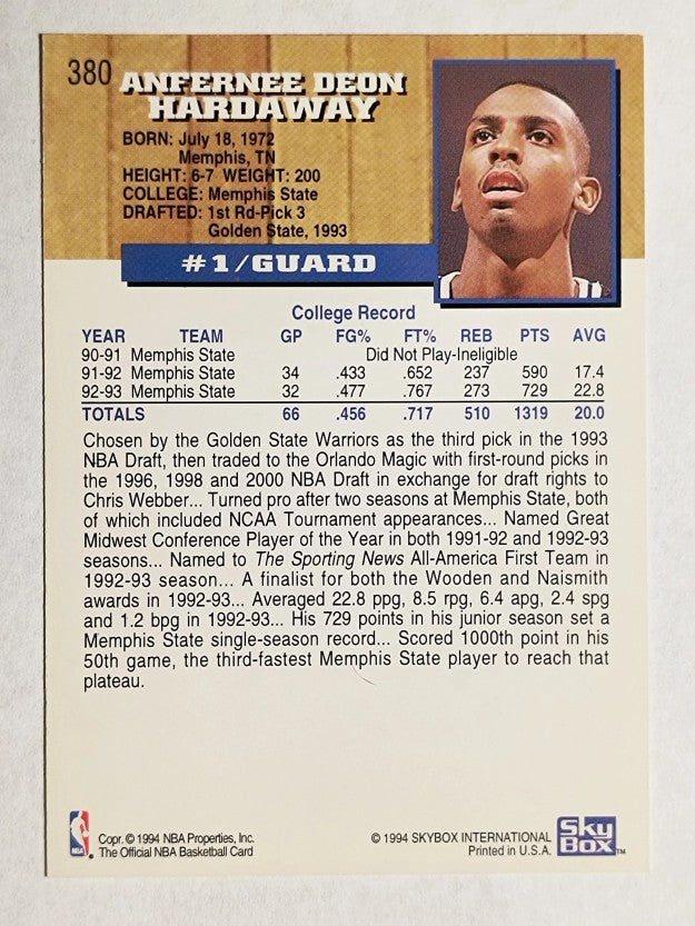1993-94 Hoops #380 Anfernee Hardaway RC