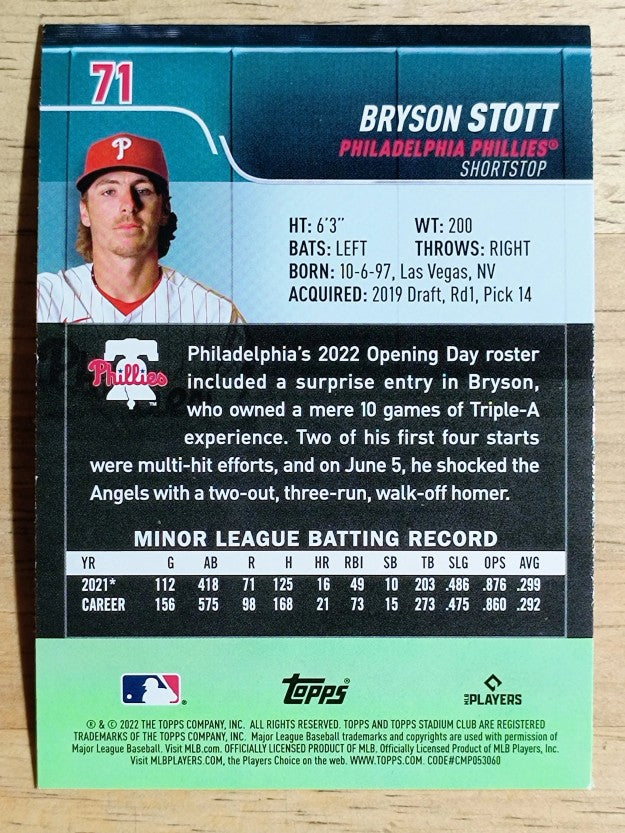 2022 Stadium Club #71 Bryson Stott RC