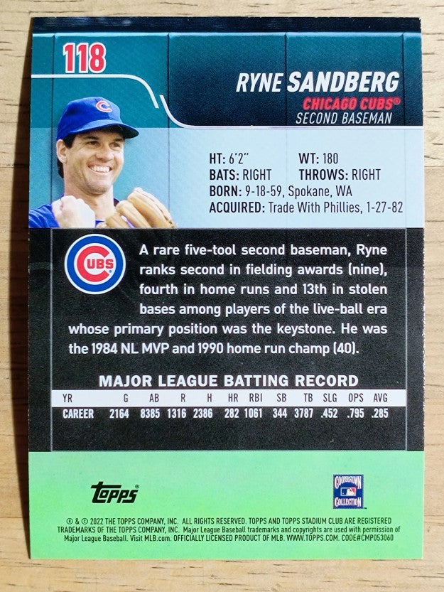 2022 Stadium Club #118 Ryne Sandberg