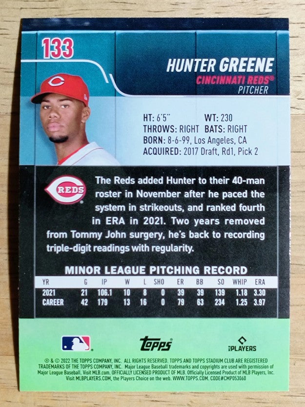 2022 Stadium Club #133 Hunter Greene RC
