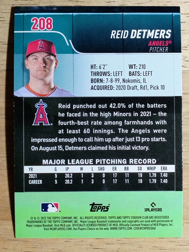 2022 Stadium Club #208 Reid Detmers RC