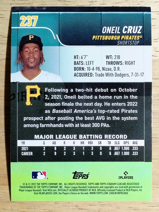 2022 Stadium Club #237 Oneil Cruz RC