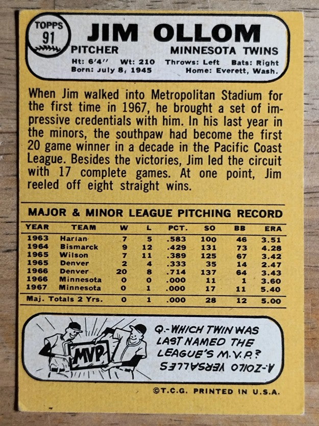 1968 Topps #91 Jim Ollom (VGEX)