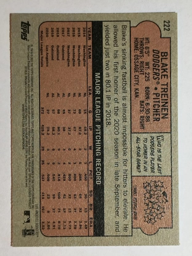2021 Topps Heritage #222 Blake Treinen
