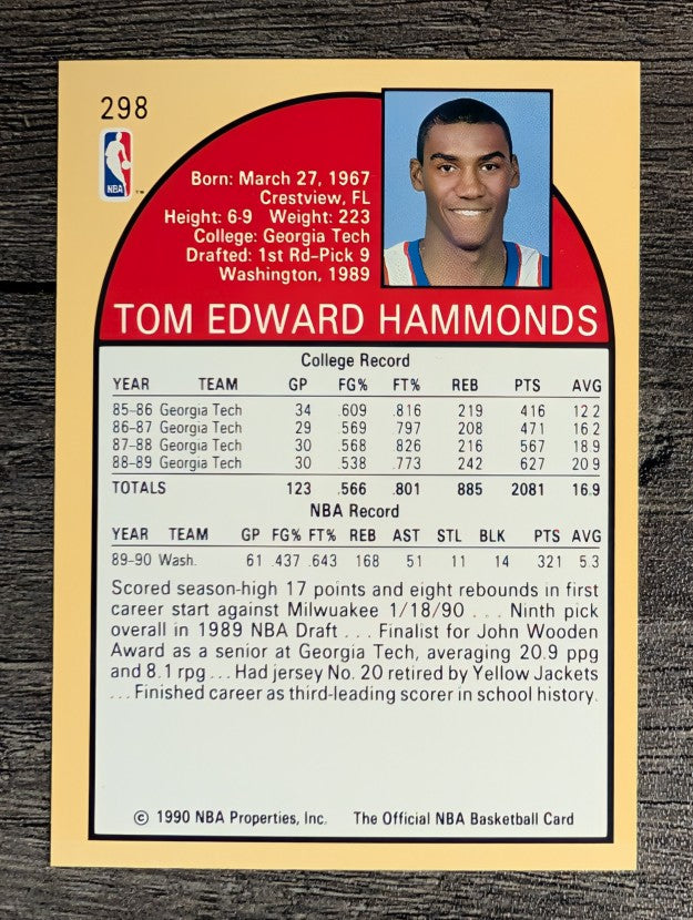 1990-91 Hoops #298A Tom Hammonds RC/No rookie logo on front