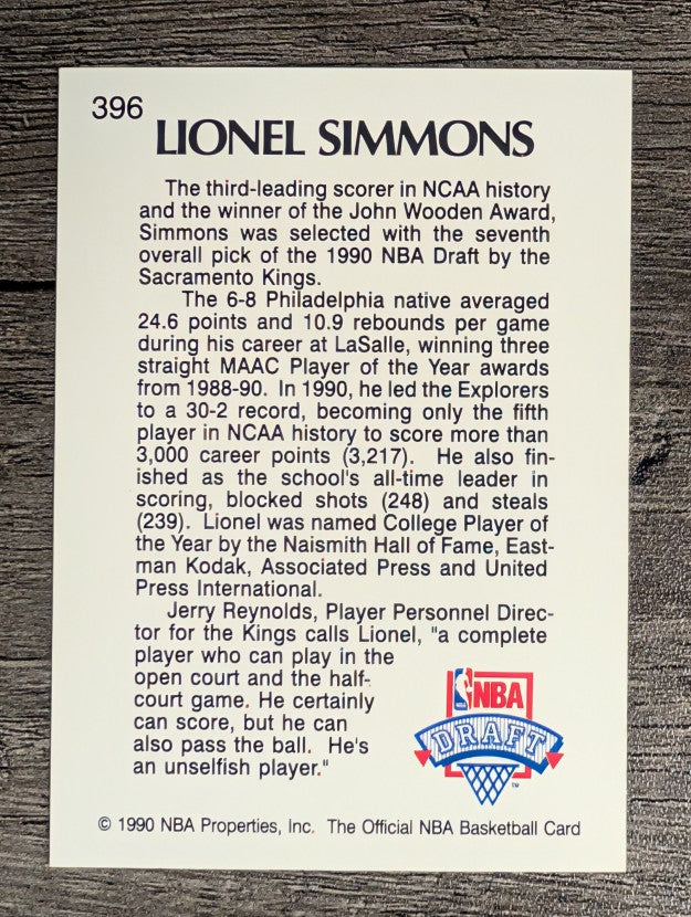 1990-91 Hoops #396 Lionel Simmons LS RC