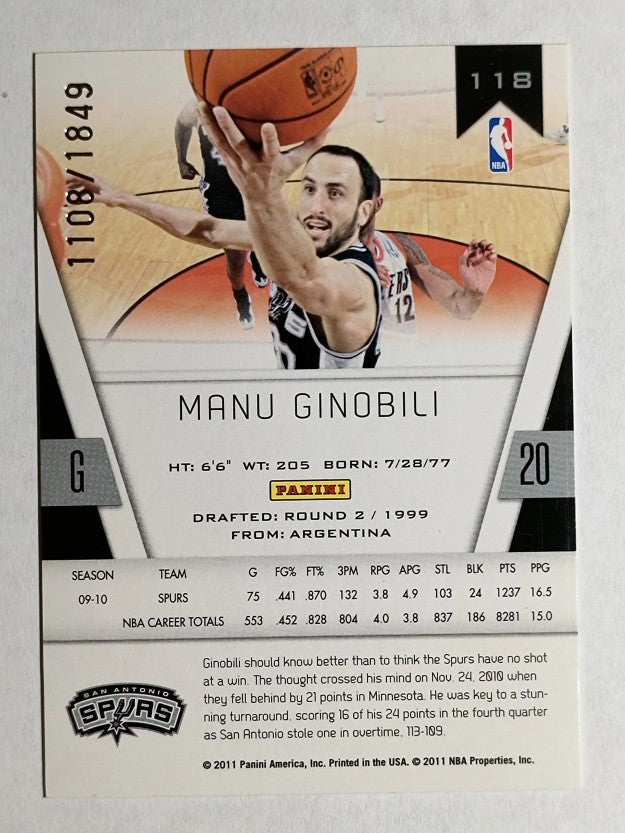 2010-11 Totally Certified #118 Manu Ginobili