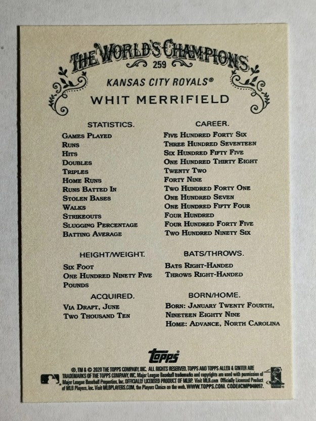 2020 Topps Allen and Ginter #259 Whit Merrifield