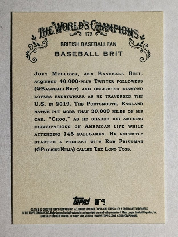 2020 Topps Allen and Ginter #172 Baseball Brit/Joey Mellows