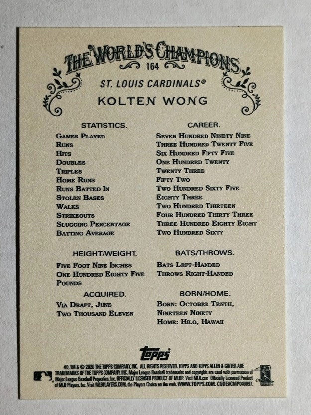 2020 Topps Allen and Ginter #164 Kolten Wong