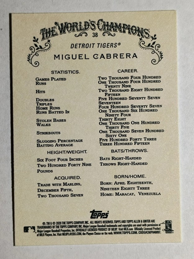 2020 Topps Allen and Ginter #38 Miguel Cabrera