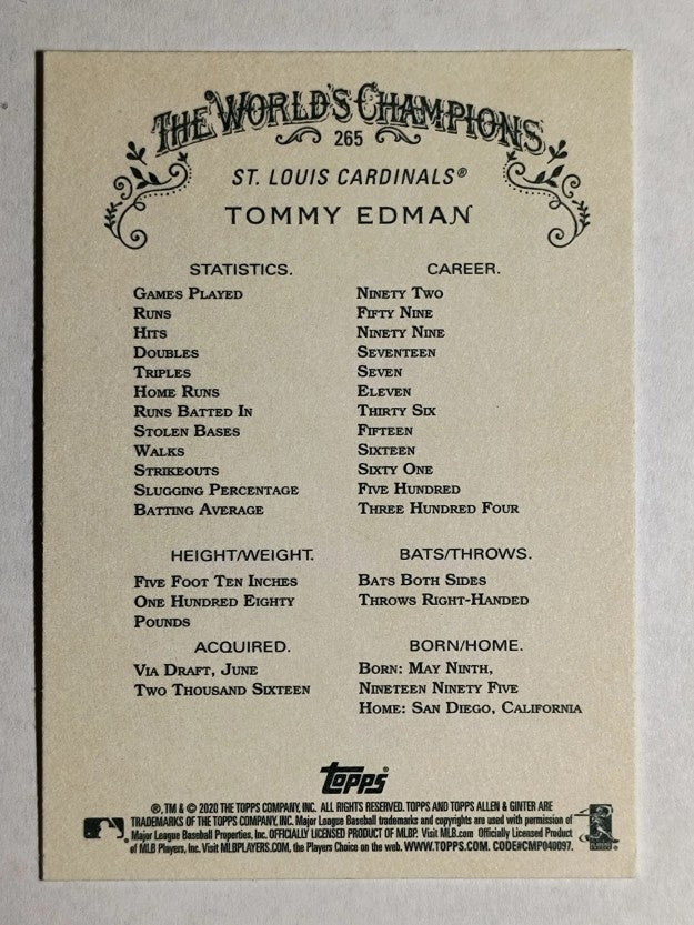 2020 Topps Allen and Ginter #265 Tommy Edman