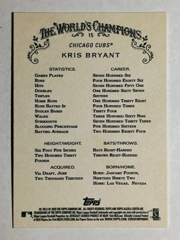 2020 Topps Allen and Ginter #15 Kris Bryant