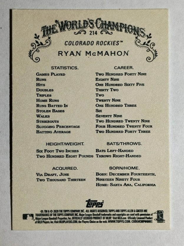 2020 Topps Allen and Ginter #214 Ryan McMahon